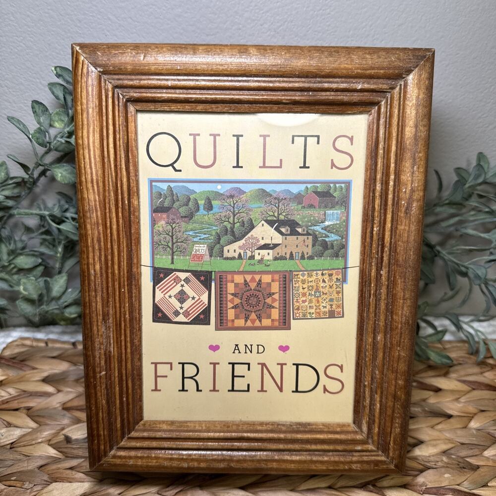 Quilts & Friends Picture Glass Top Keepsake Box Wood Sewing Jewelry Storage Vtg
